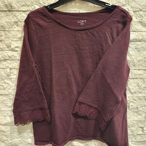 LOFT Outlet Burgundy Wine Top with Crochet Lace Cuff Detail Size Medium